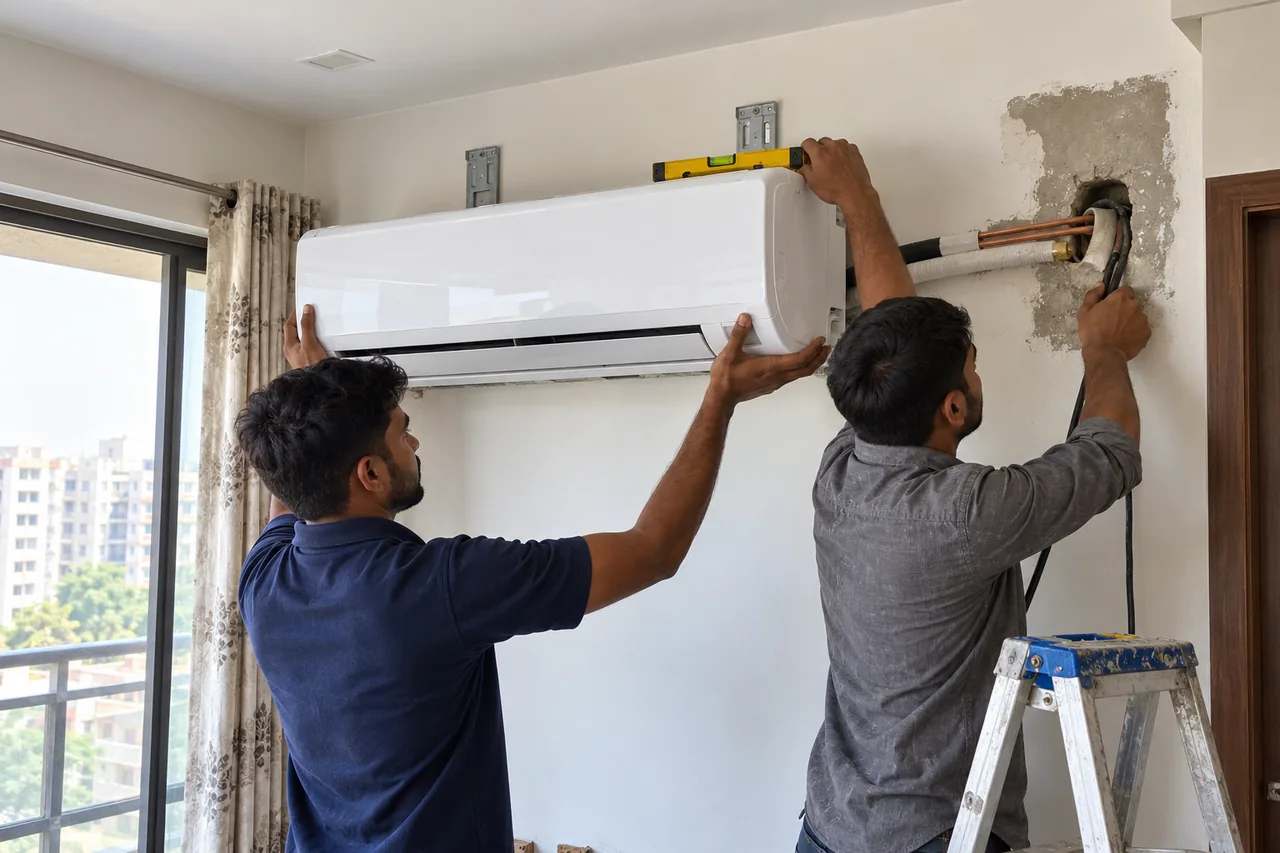 Two technicians fitting a wall-mounted split AC