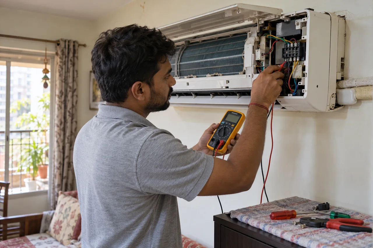 Technician using a meter to check an AC unit