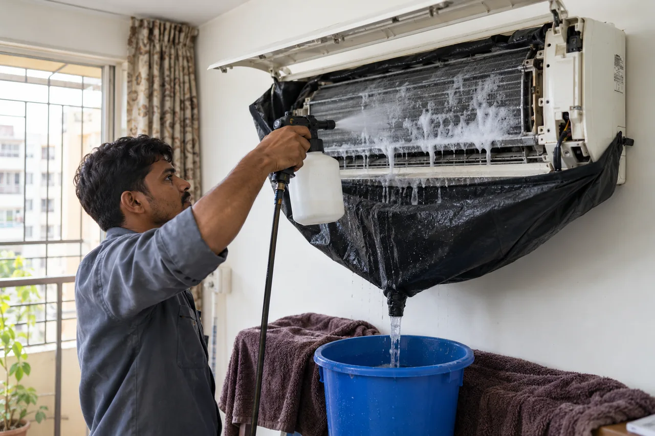 Technician applying foam cleaner to an open indoor AC unit