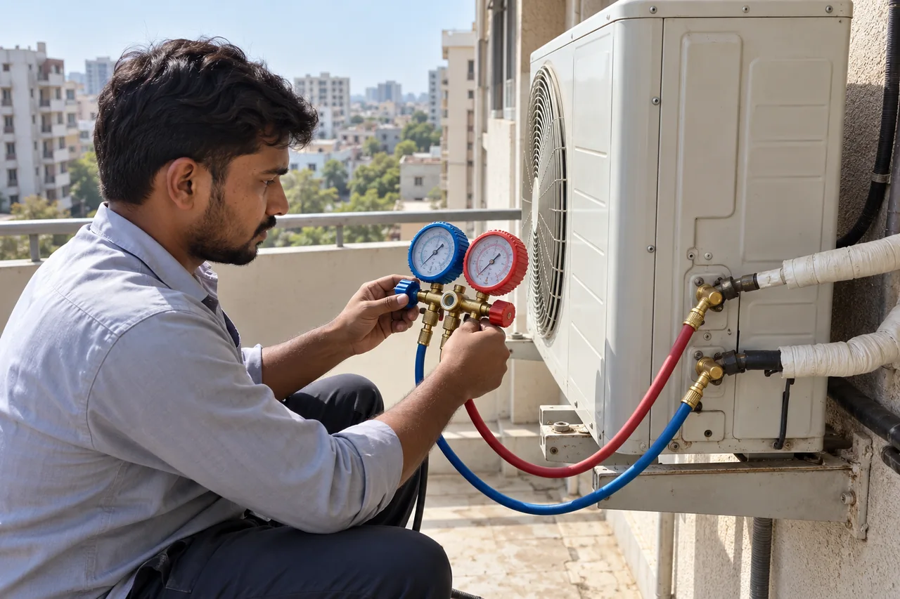 Technician checking an outdoor AC unit with manifold gauges